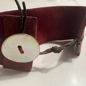 Vintage 1990s Oxblood Leather Cuff Bracelet Mother of Pearl Shell Button Closure